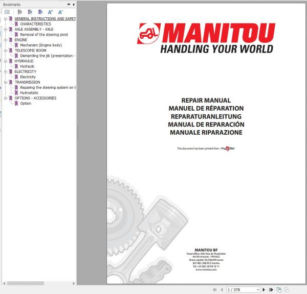 Manitou Telehandler TMT322 TMT325 TMT320 SI TMT315 TMT320 3 TMT315 3 Service Manual 50960082 11 1