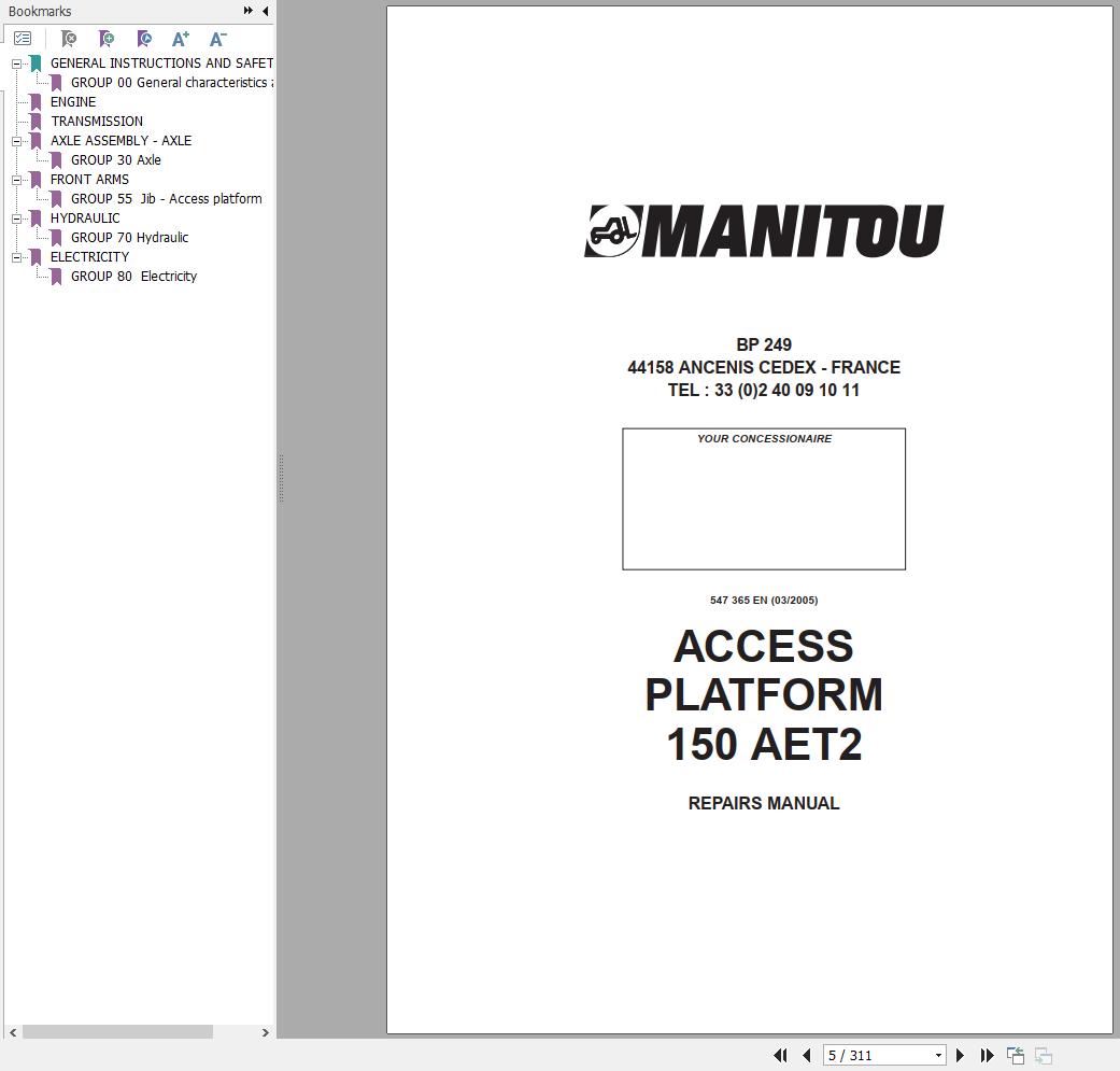 Manitou Work Platforms 150 AET2 Repair Manual 547365EN 03 1