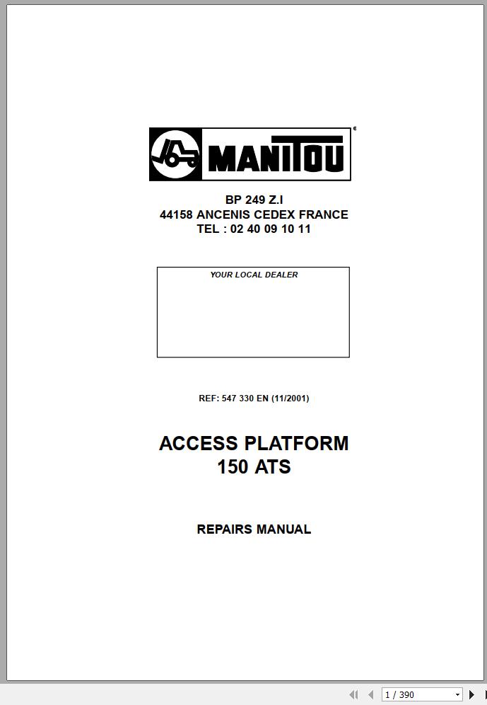 Manitou Work Platforms 150 ATS Repair Manual 547330EN 11 1