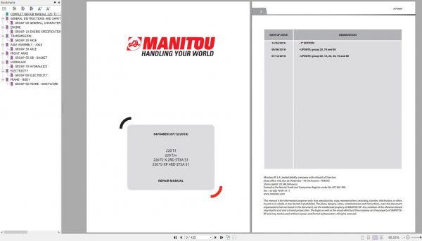 Manitou Work Platforms 220TJ 220TJ X 220TJ XP 2RD 4RD ST3A S1 Genuine Parts Catalogue 647648EN 12 1