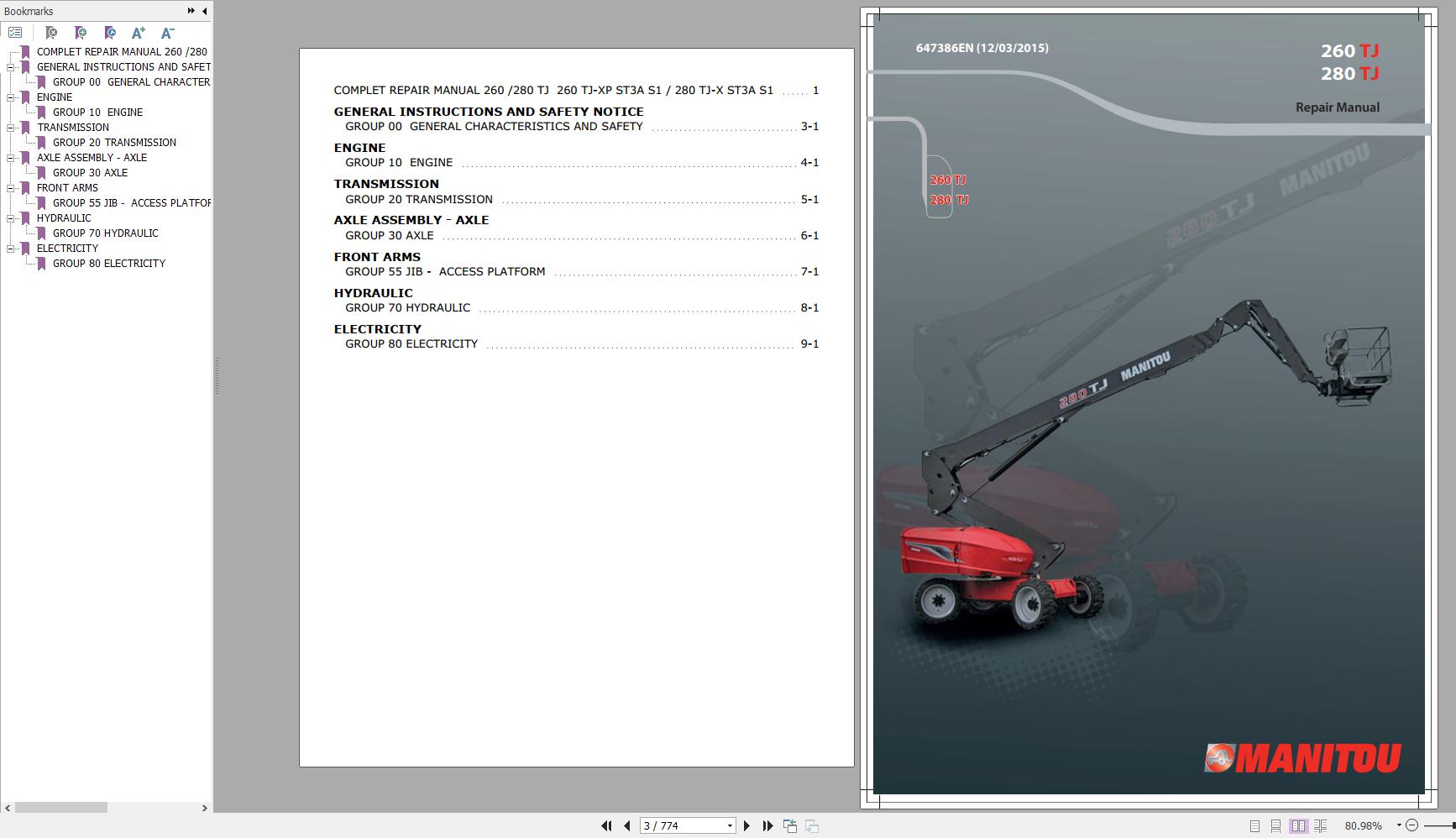 Manitou Work Platforms 260TJ 280 TJ Repair Manual 647386EN 03 1