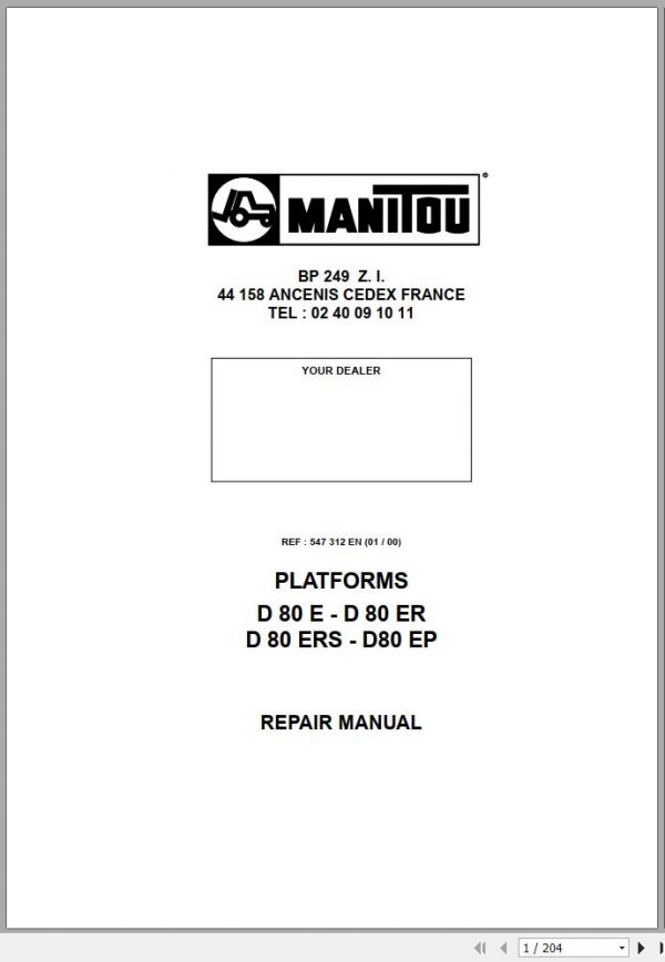 Manitou Work Platforms D 80 E D 80 ER D 80 ERS D80EP Repair Manual 547312EN 01 1