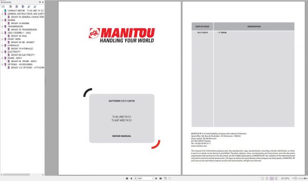 Manitou Work Platforms TJ 65 2 RD T4 S1 TJ 65 4 RD T4 S1 Genuine Parts Catalogue 647783EN 11 1