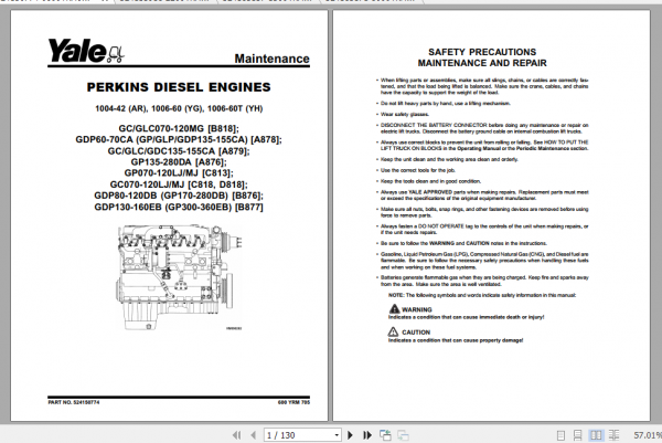 Yale Class 5 Internal Combustion Engine Trucks A878 GPGDPGLP135 155CA Service Manual