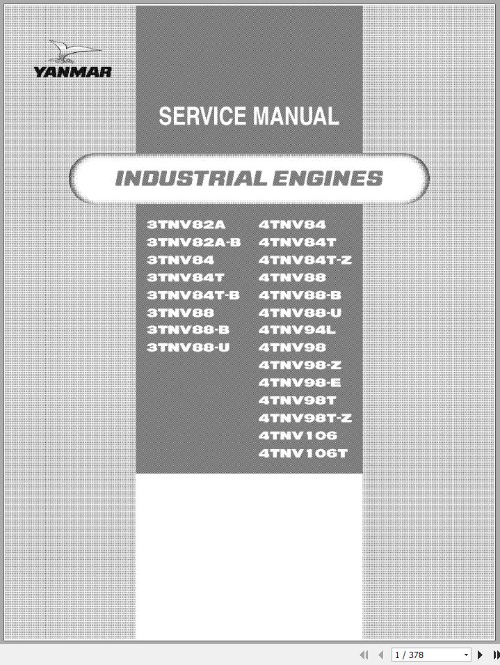 Yanmar Industrial Engines 3TNV82A 4TNV106T Service Manual 0BTNV U00102 2009 1