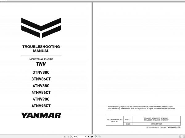 Yanmar Industrial Engines TNV Series 3TNV88C 4TNV98CT Troubleshooting Manual 0DTN5 EN1021 2019 1