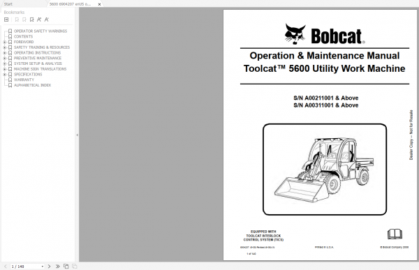 Bobcat Toolcat Utility Work Machine Full Models Updated 2021 Service Library DVD 2