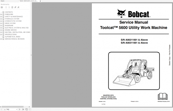 Bobcat Toolcat Utility Work Machine Full Models Updated 2021 Service Library DVD 4