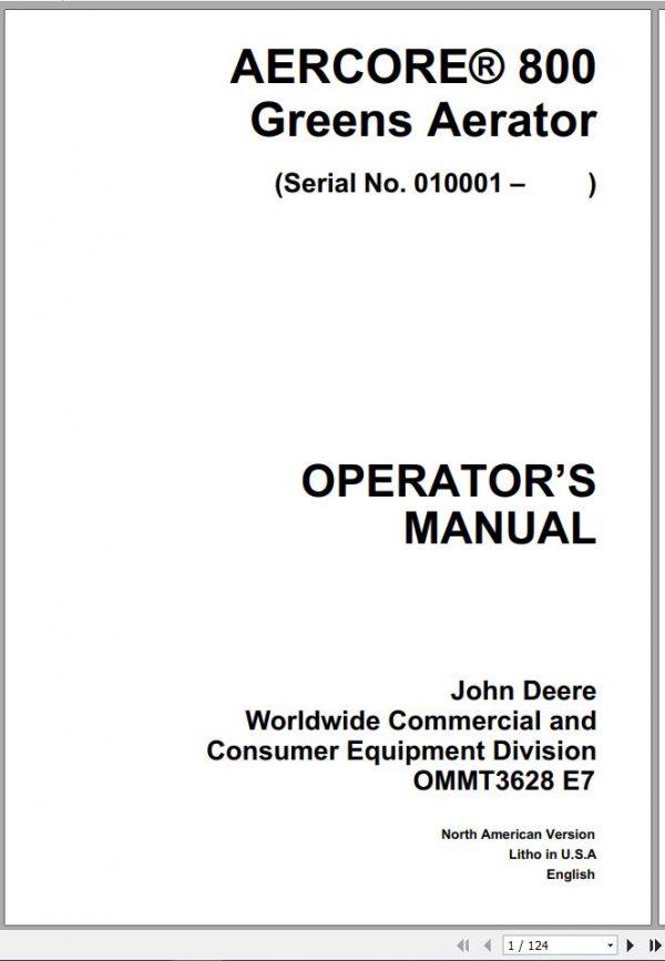 John Deere Aercore Green Aerator 800 SN 010001 Operators Manual OMMT3628 E7 1