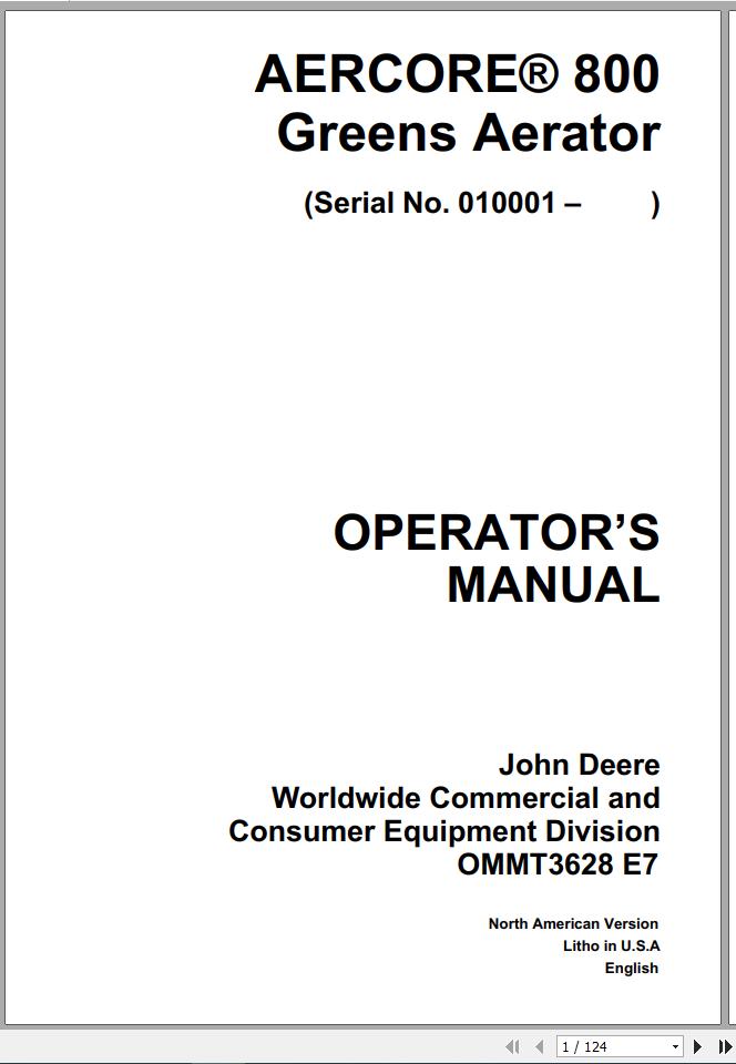 John Deere Aercore Green Aerator 800 SN 010001 Operators Manual OMMT3628 E7 1