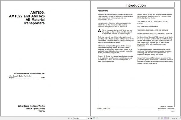 John Deere All Material Transporters AMT600 AMT622 AMT626 Technical Manual TM1363 1