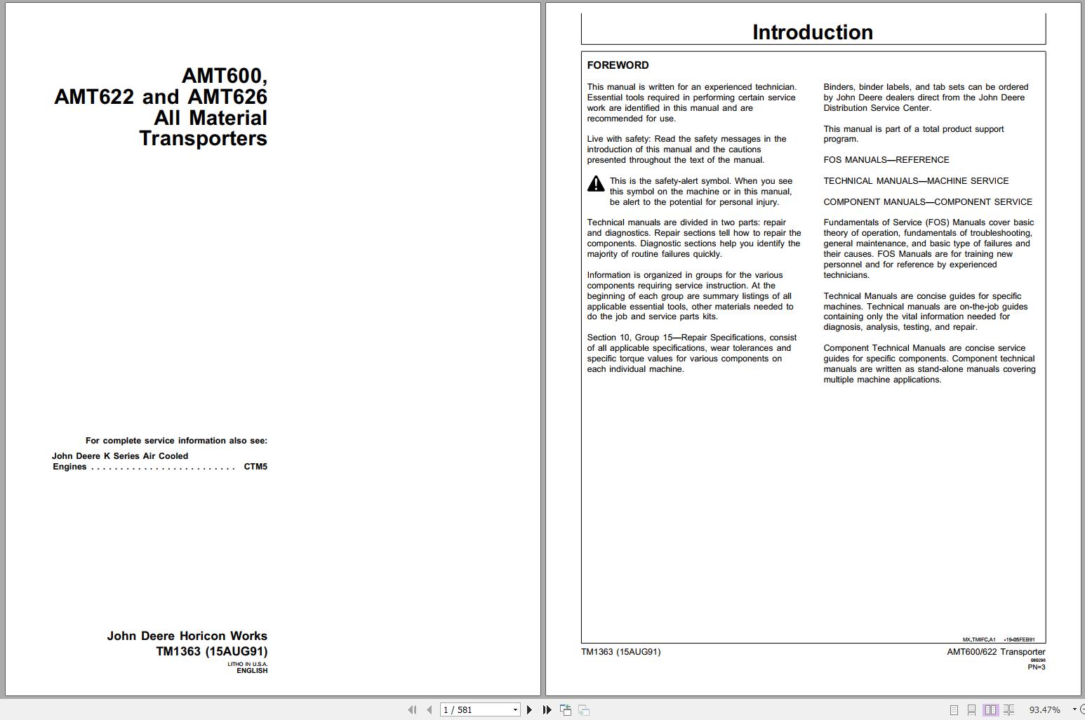 John Deere All Material Transporters AMT600 AMT622 AMT626 Technical Manual TM1363 1