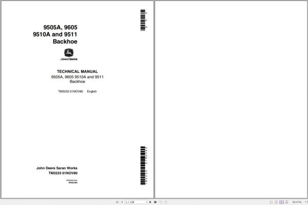 John Deere Backhoe 9505A 9605 9510A 9511 Technical Manual TM3233 1