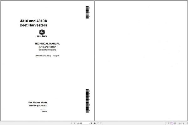 John Deere Beet Harvesters 4310 4310A Technical Manual TM1166 1