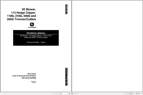 John Deere Blower Hedge Clipper Trimmer Cutters 5E 113 110G 210G 240G 260G Technical Manual T