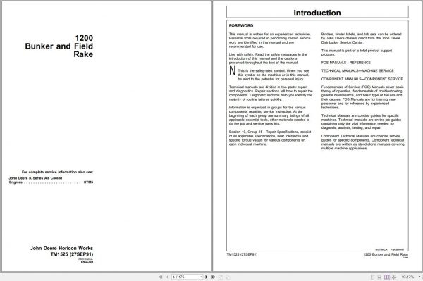 John Deere Bunker Field Rake 1200 Technical Manual TM1525 1