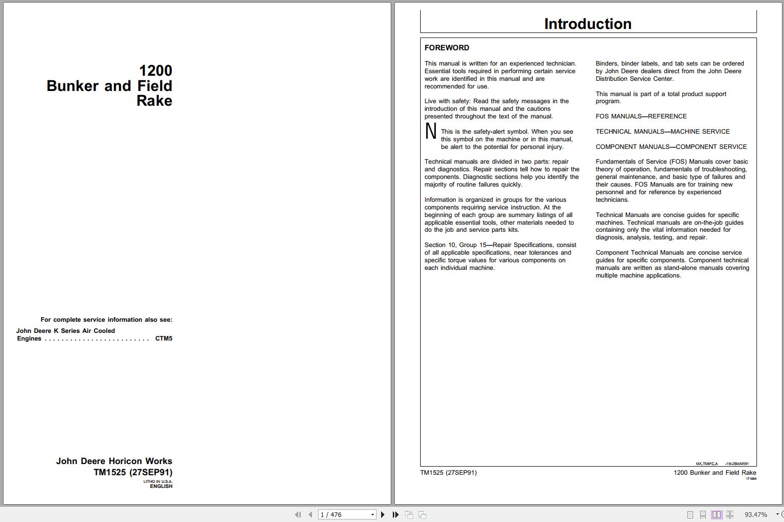 John Deere Bunker Field Rake 1200 Technical Manual TM1525 1