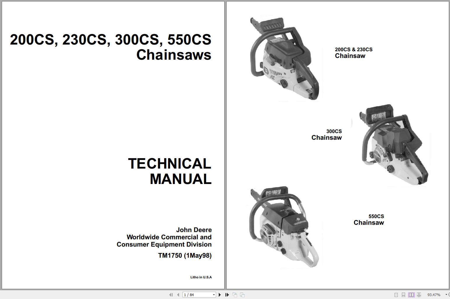 John Deere Chainsaws 200CS 230CS 300CS 550CS Technical Manual TM1750 1
