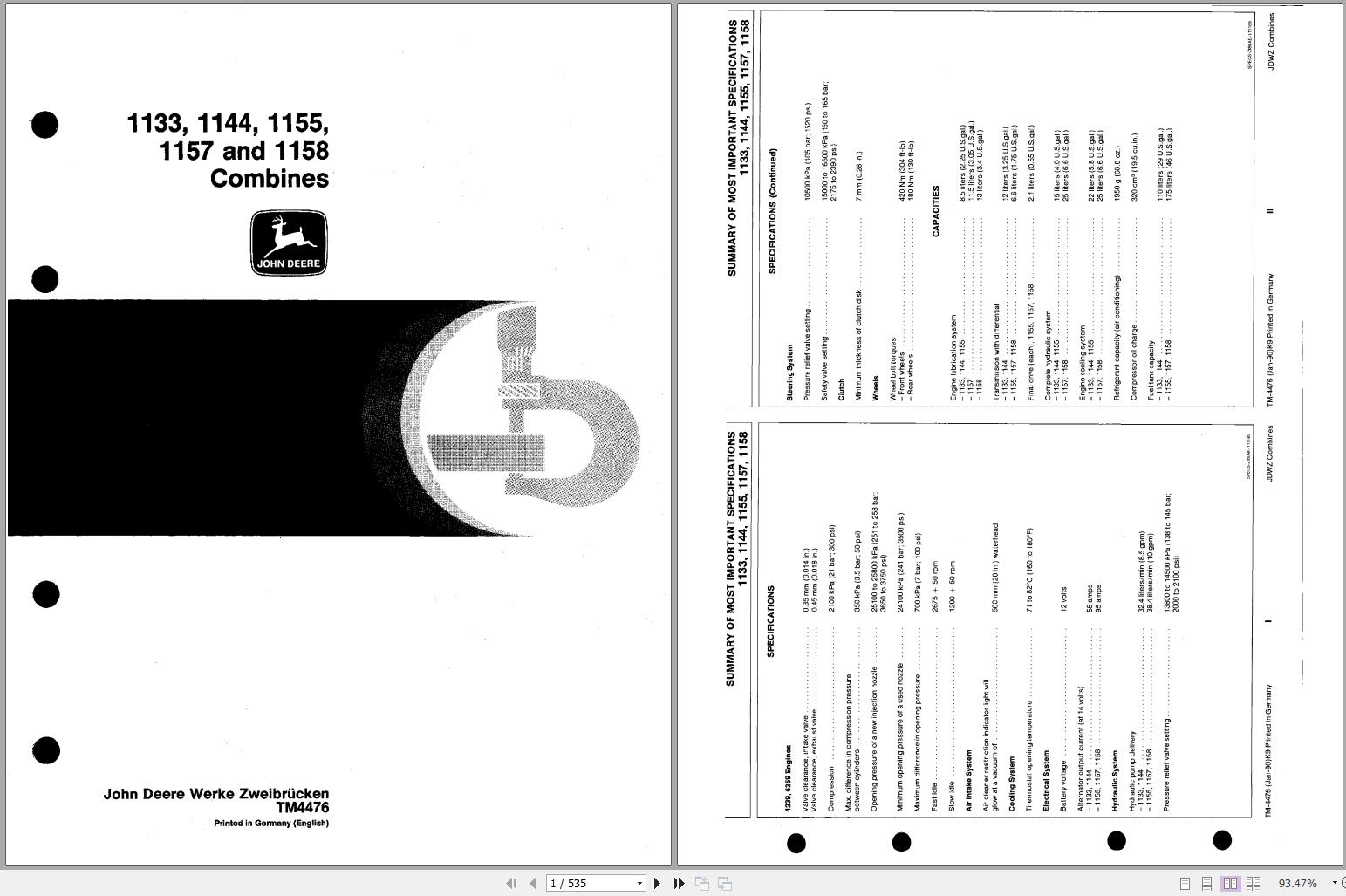 John Deere Combine 1133 1144 1155 1157 1158 Technical Manual TM4476 1