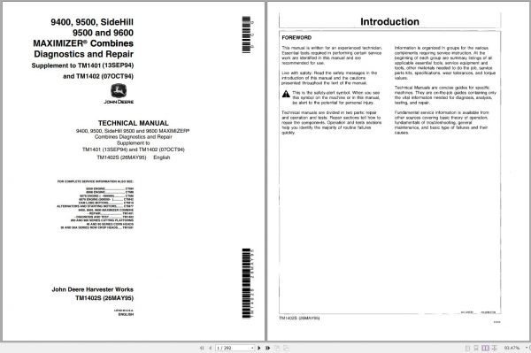 John Deere Combine 9400 9500 9600 Technical Manual TM1402S 1