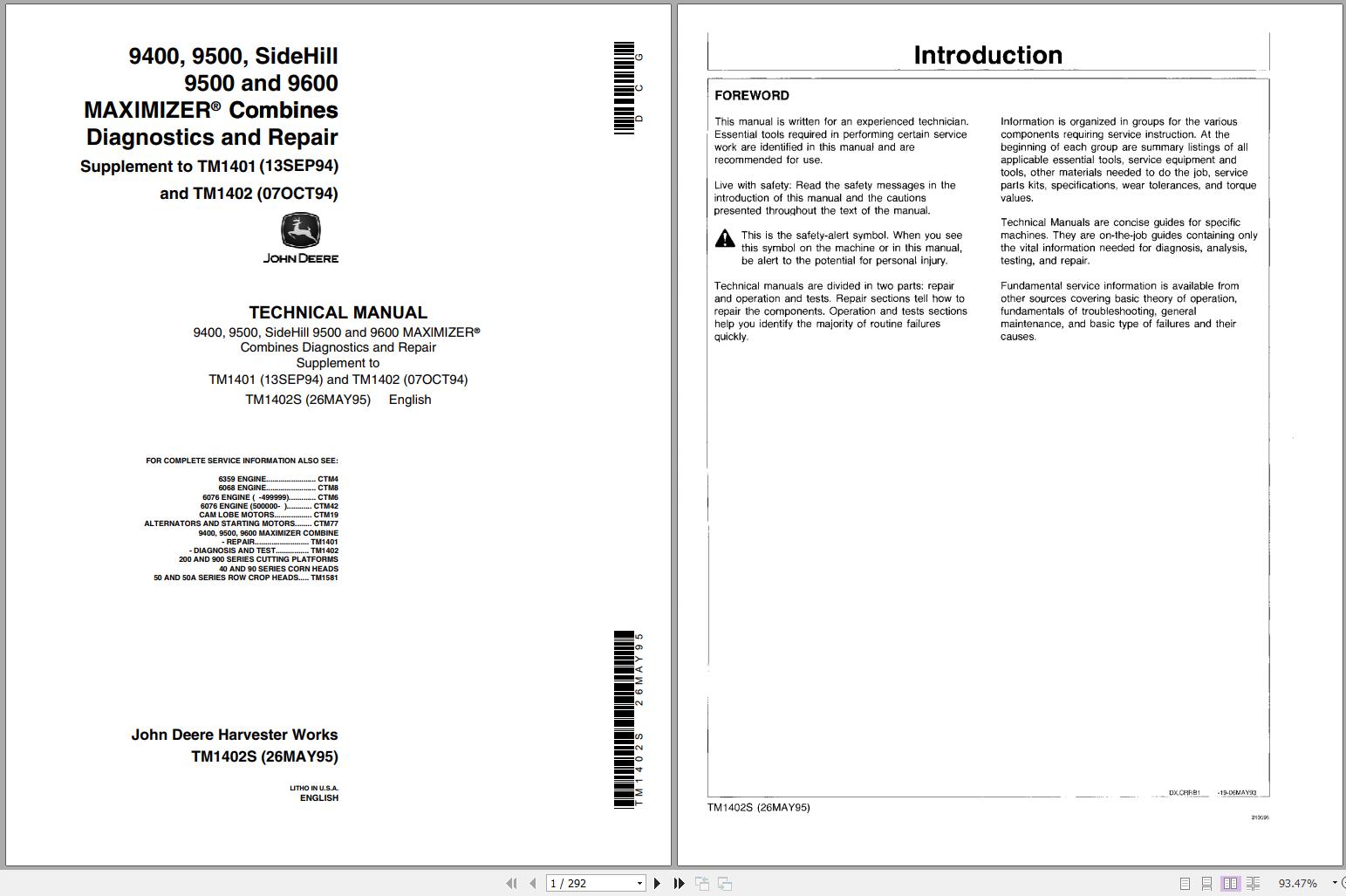 John Deere Combine 9400 9500 9600 Technical Manual TM1402S 1