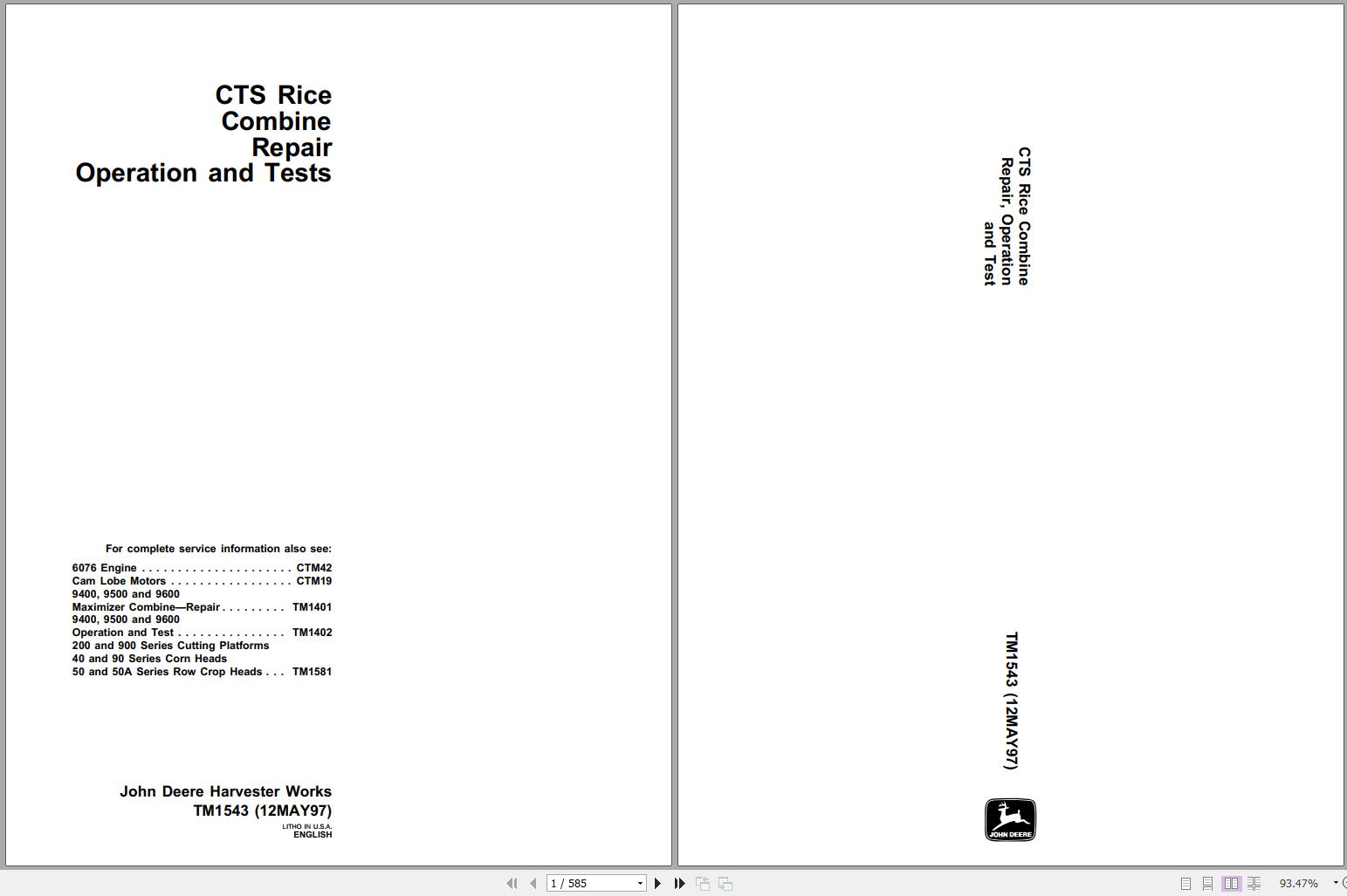 John Deere Combine CTS Rice Technical Manual TM1543 1