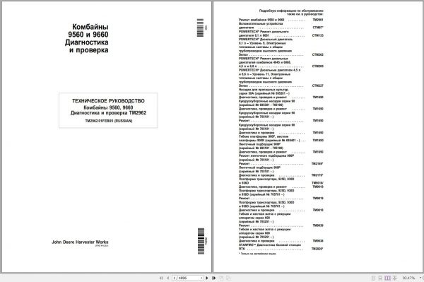 John Deere Combine Harvesters 9560 9660 TM2962 RU Technical Manual 02.2005 RU 1