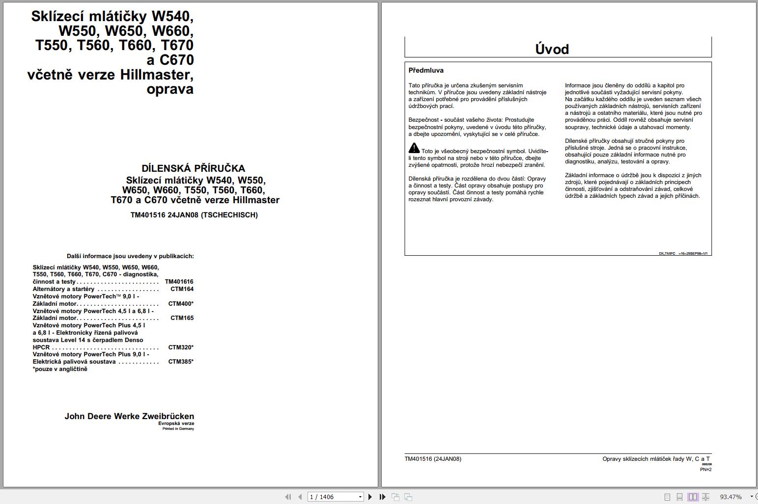 John Deere Combine Harvesters W540 T670 C670 Workshop Manual TM4015168 01.2008 CS 1