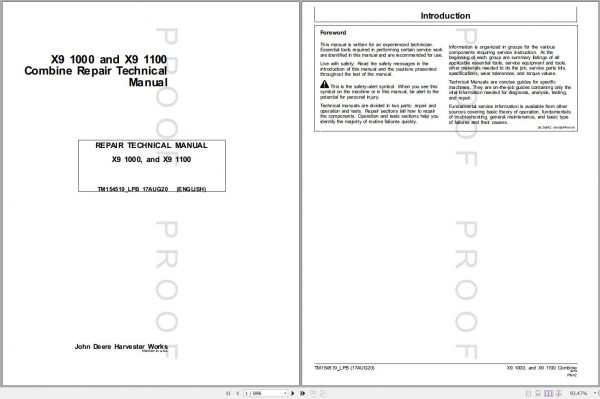 John Deere Combine X9 1000 X9 1100 Repair Technical Manual TM154519 08.2020 1