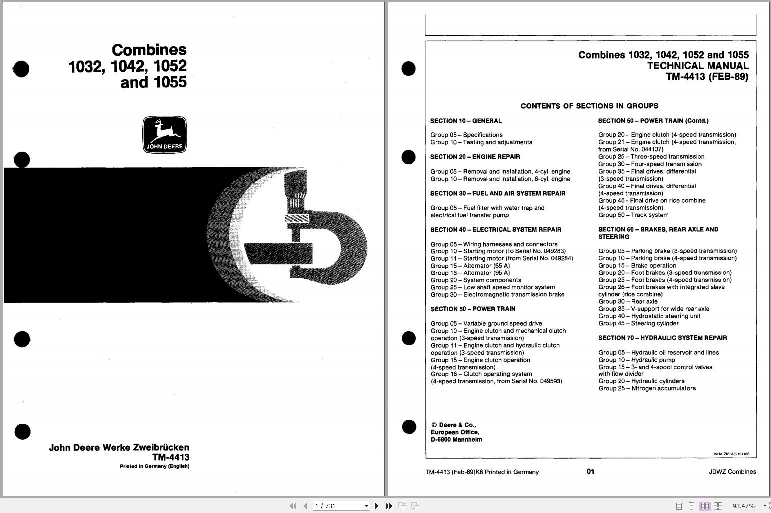 John Deere Combines 1032 1042 1052 1055 Technical Manual TM4413 1