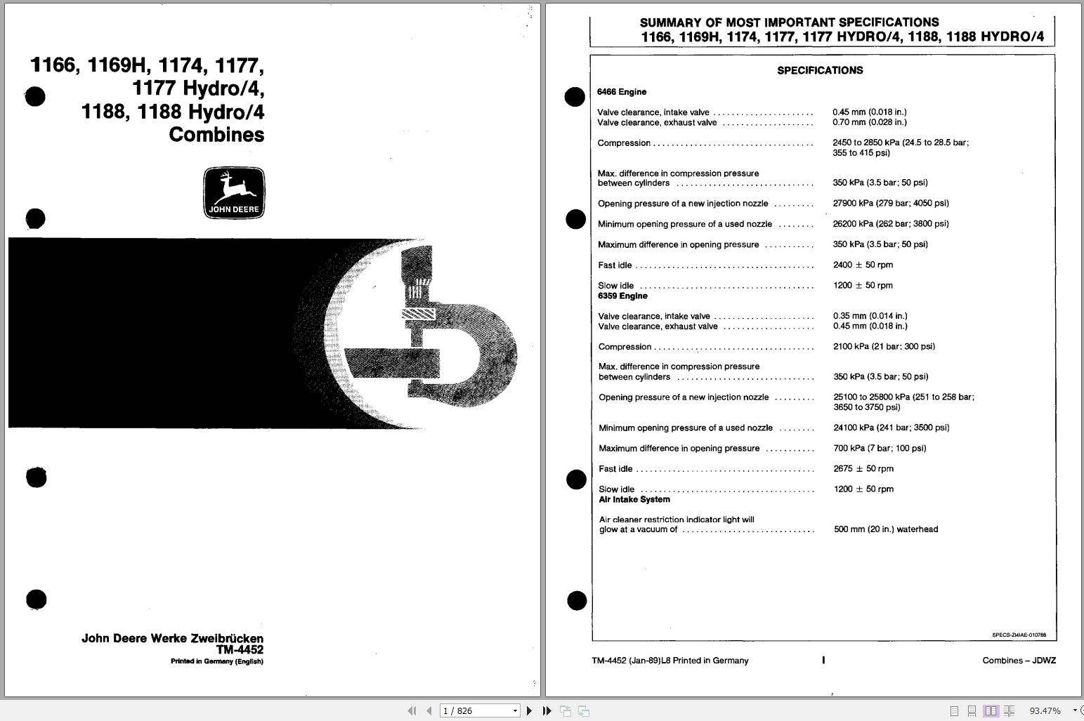 John Deere Combines 1166 1188 Hydro 4 Technical Manual TM4452 1
