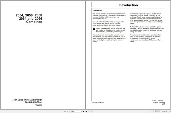 John Deere Combines 2054 2056 2058 2064 2066 Technical Manual TM4505 12.2000 1