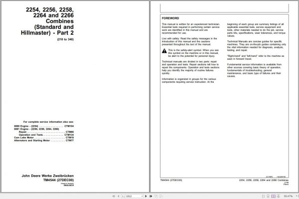 John Deere Combines 2254 2256 2258 2264 2266 Technical Manual TM4544 12.2000 1