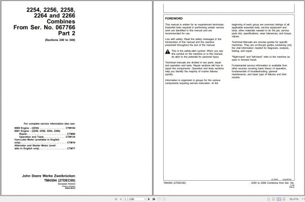 John Deere Combines 2254 2256 2258 2264 2266 Technical Manual TM4594 12.2000 1