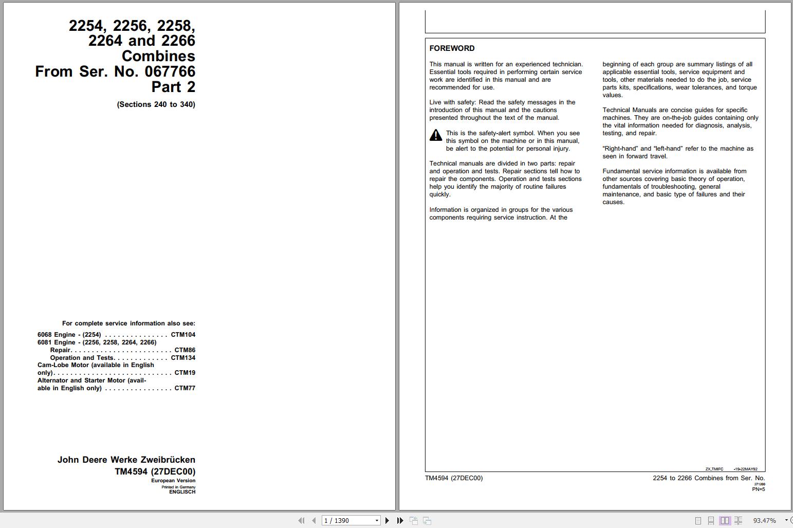 John Deere Combines 2254 2256 2258 2264 2266 Technical Manual TM4594 12.2000 1