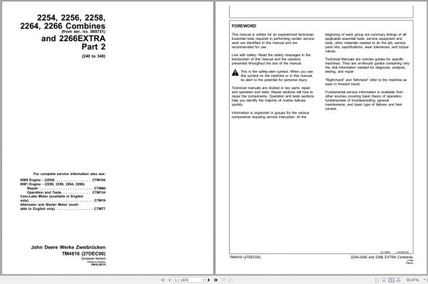 John Deere Combines 2254 2256 2258 2264 2266 Technical Manual TM4616 1