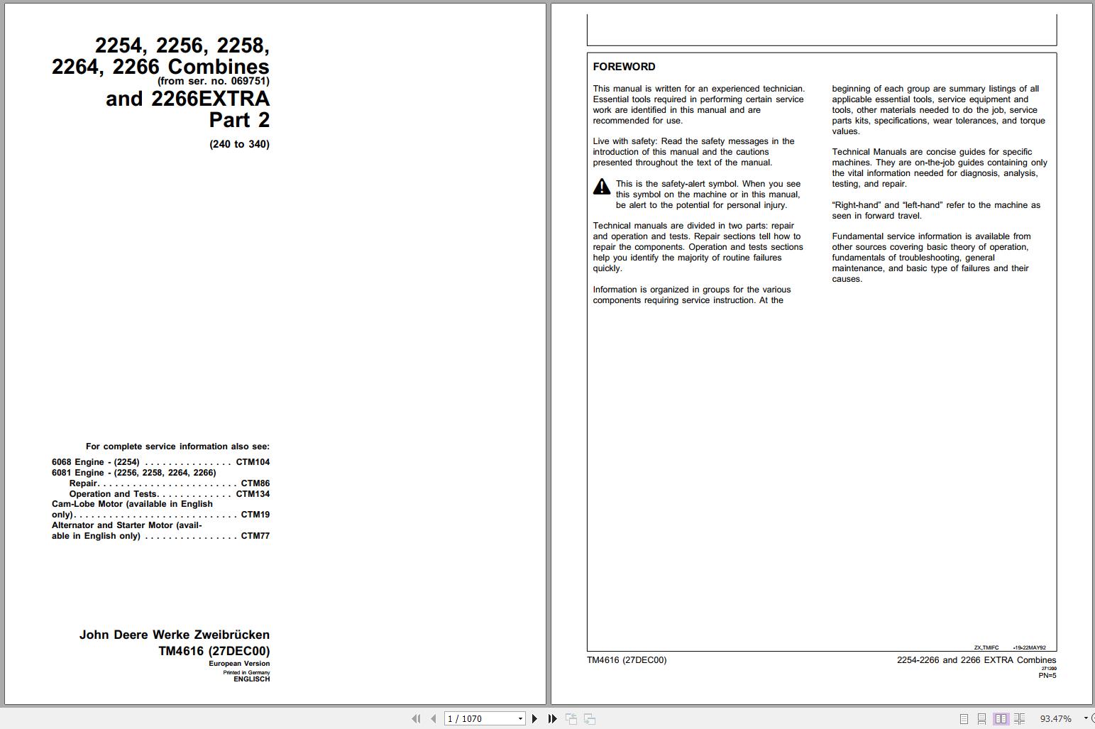 John Deere Combines 2254 2256 2258 2264 2266 Technical Manual TM4616 1