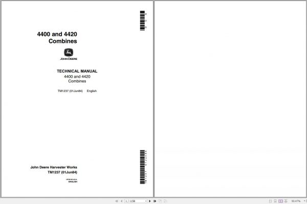 John Deere Combines 4400 4420 Technical Manual TM1237 1