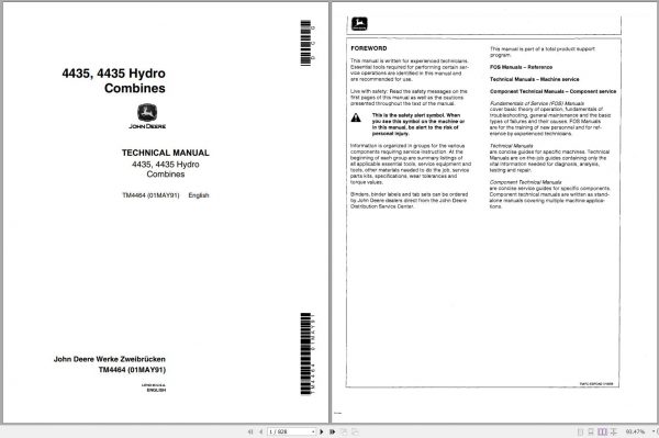 John Deere Combines 4435 4435 Hydro Technical Manual TM4464 1