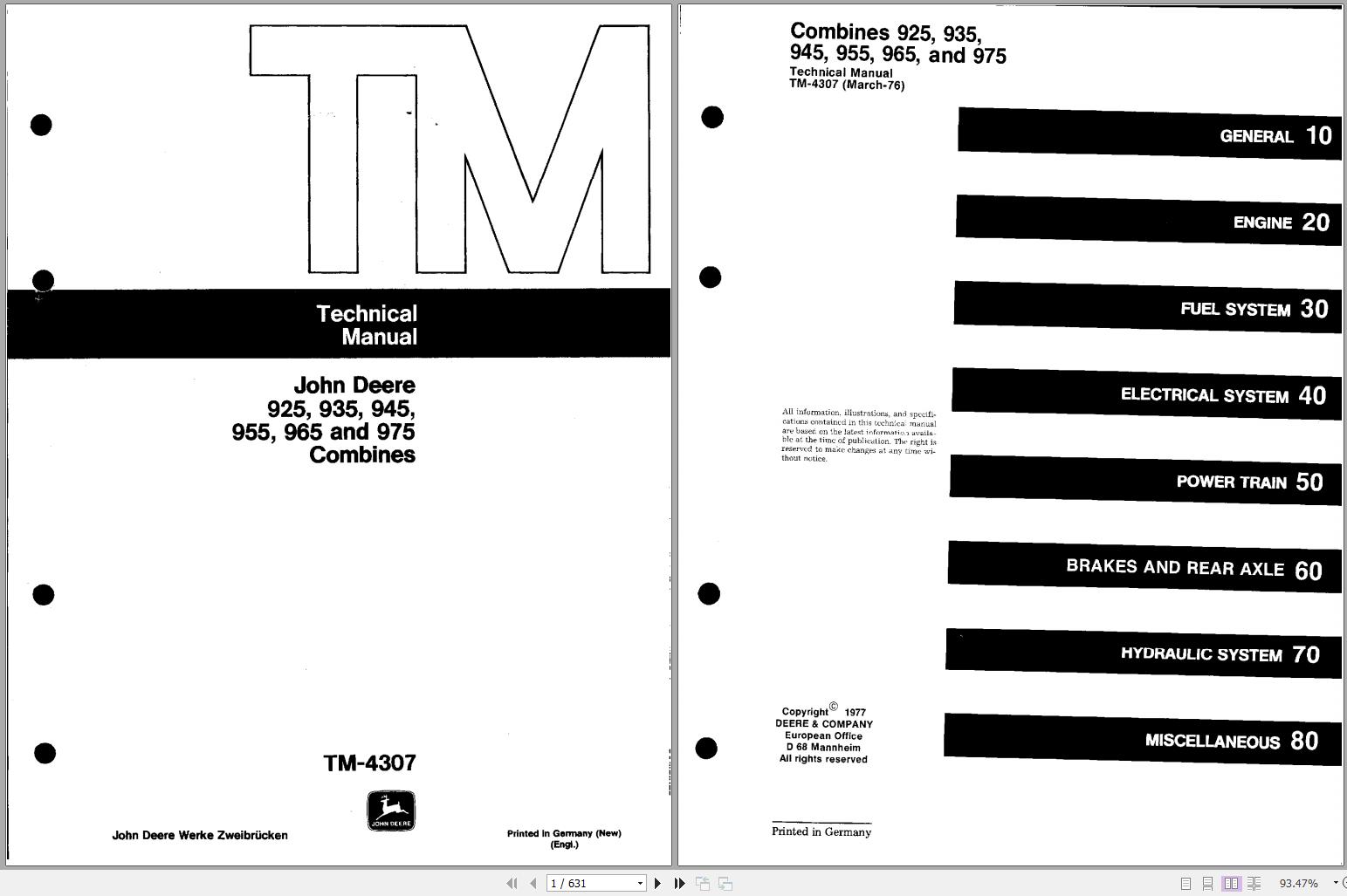 John Deere Combines 925 935 945 955 965 975 Technical Manual TM4307 1