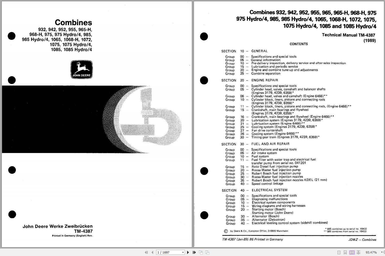 John Deere Combines 932 1085 Hydro 4 Technical Manual TM4387 1