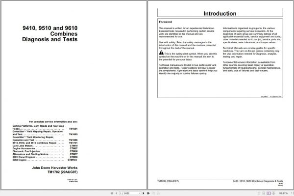John Deere Combines 940 9510 9610 Technical Manual TM1702 1