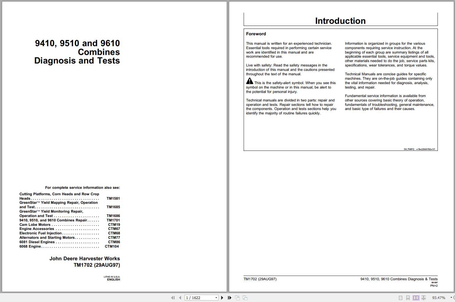 John Deere Combines 940 9510 9610 Technical Manual TM1702 1