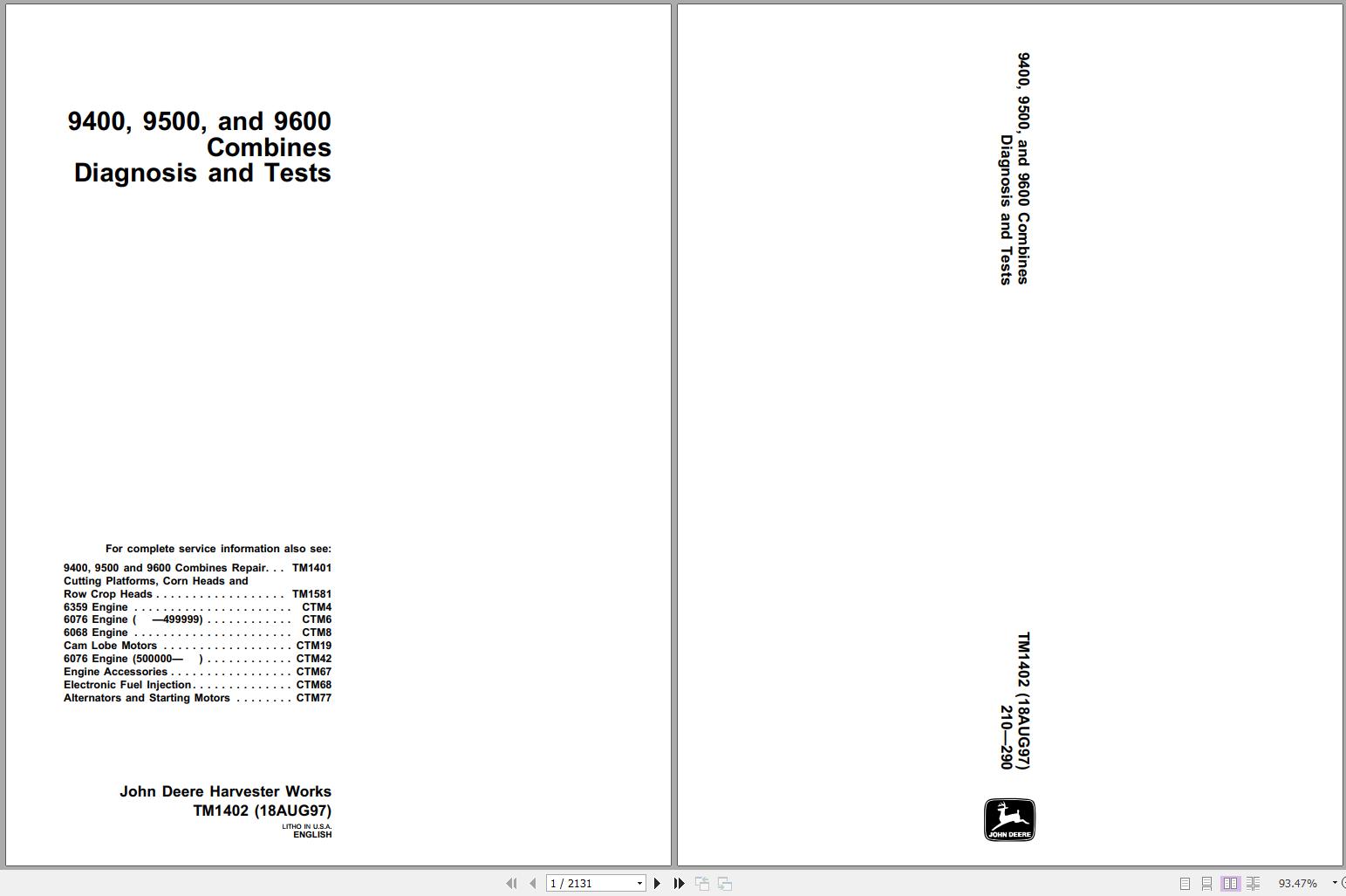 John Deere Combines 9400 9500 9600 Technical Manual TM1402 1