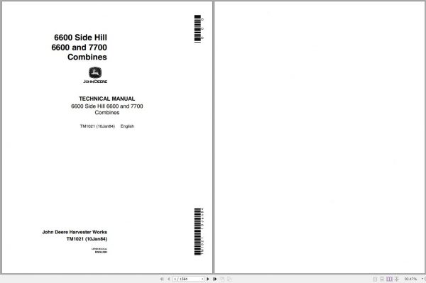 John Deere Combines Side Hill 6600 7700 Technical Manual TM1021 1