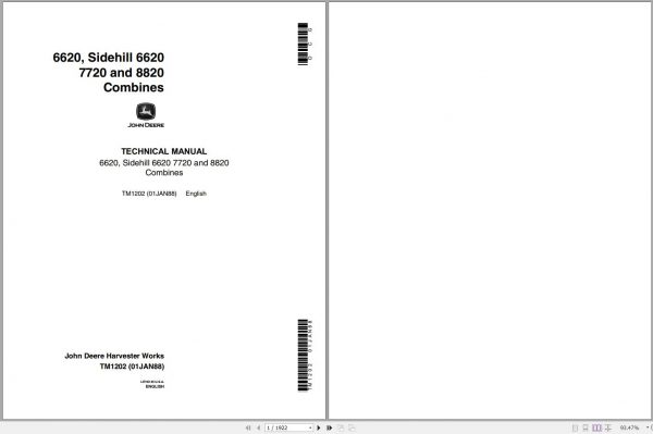 John Deere Combines Side Hill 6620 7720 8820 Technical Manual TM1202 1