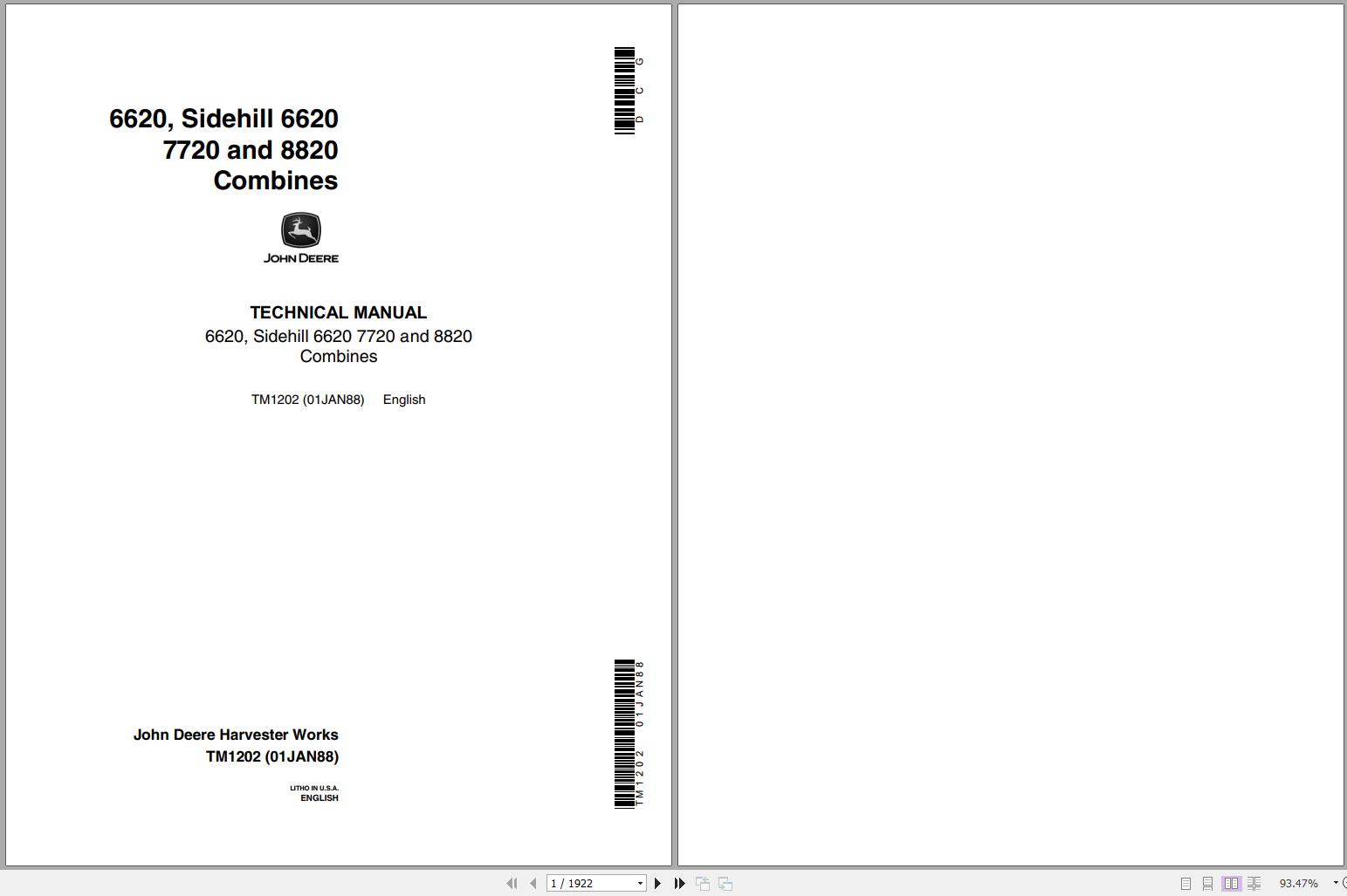 John Deere Combines Side Hill 6620 7720 8820 Technical Manual TM1202 1