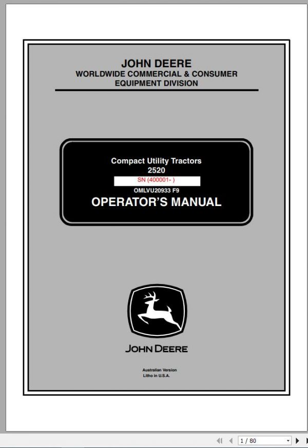 John Deere Compact Utility Tractors 2520 SN 400001 Operators Manual OMLVU20933 F9 2009 1