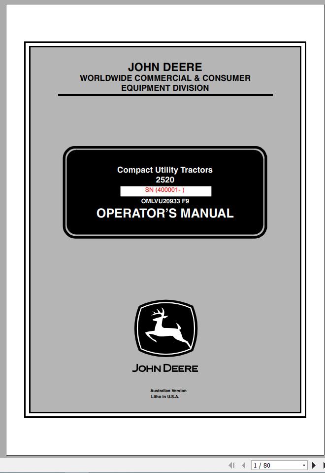John Deere Compact Utility Tractors 2520 SN 400001 Operators Manual OMLVU20933 F9 2009 1