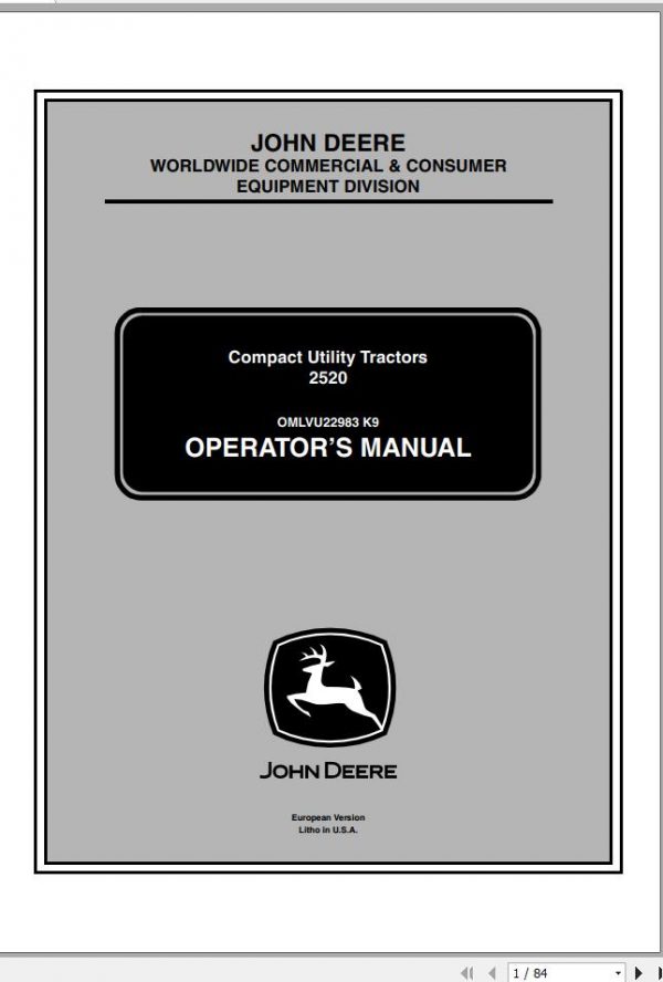 John Deere Compact Utility Tractors 2520 SN 480001 Operators Manual OMLVU22983 K9 2009 1